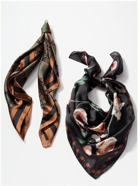 Anthropologie Printed Hair Scarves Set of 2 NEW Black Pattern